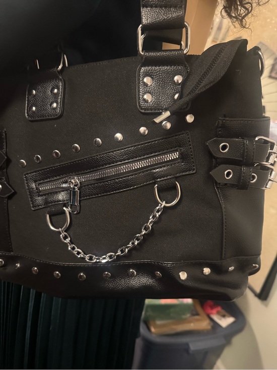 Handbags - Black Studded Canvas Tote with Chain Accent